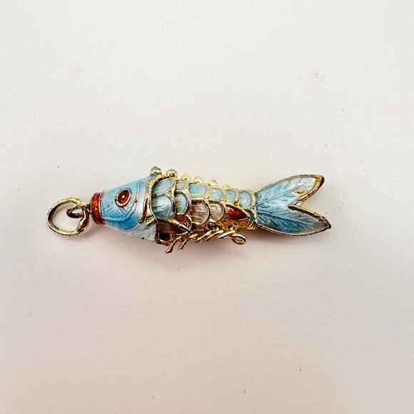 Vintage Lt Blue Enamel Cloisonne Articulated Gold Tone Koi Fish Pendant No Chain - Picture 1 of 4
